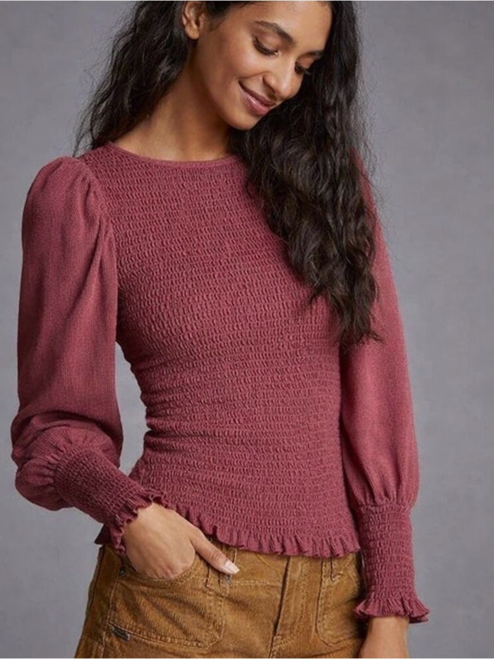 Anthropologie Peasant Puff Long Sleeve Blouse - Rust Red